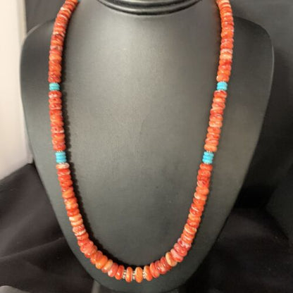 Navajo Turquoise & Red Spiny Oyster Graduated Necklace | Sterling Silver | Authentic Native American | 22" | 13516