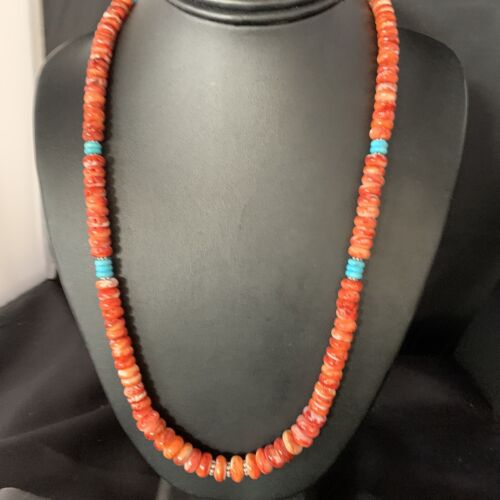 Navajo Turquoise & Red Spiny Oyster Graduated Necklace | Sterling Silver | Authentic Native American | 22" | 13516