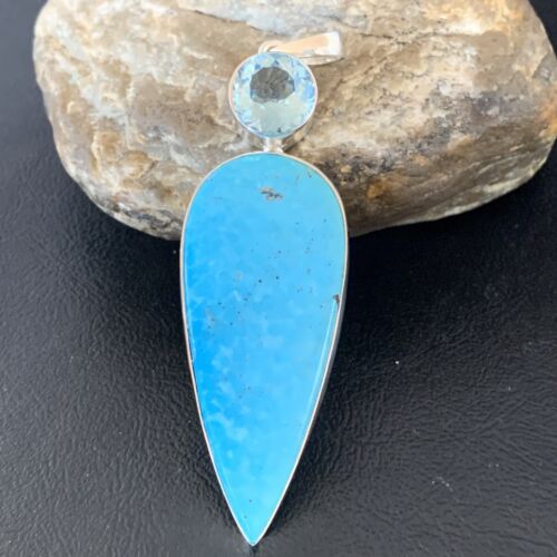 Navajo Blue Topaz Turquoise Multi-Stone Pendant | Authentic Native American Sterling Silver | 3.5" | 10712