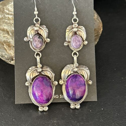 Navajo Purple Sugilite Dangle Earrings | Sterling Silver | 2" | Authentic Native American Handmade | 14402
