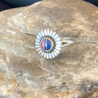 Native American Women's Navajo Blue Lapis Pink Coral Inlay Ring | Sz 6.5 | 11201