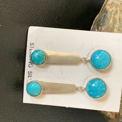 Handmade Navajo Kingman Turquoise Dangle Earrings | Sterling Silver | Authentic Native American | 2044