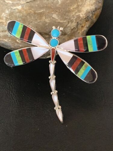 Zuni Coral Turquoise Inlay Dragonfly Necklace Pin Pendant | Sterling Silver | Native American Handmade | 11891