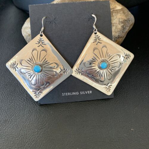 Navajo Blue Turquoise Earrings | Stamped Sterling Silver | Authentic Native American Handmade | 13322