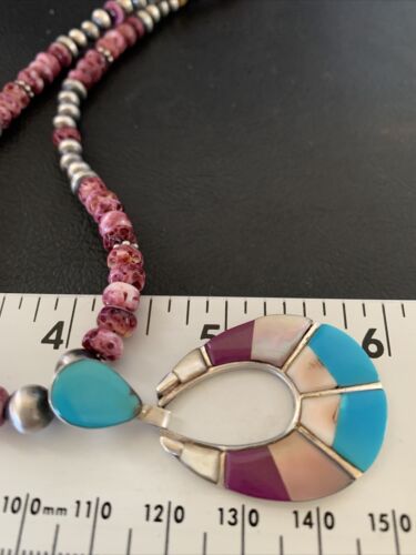 Navajo Sterling Silver Necklace | Turquoise & Purple Spiny Oyster Inlay Pendant Set | 18" | 12331