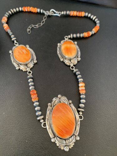 Navajo Pearls Orange Spiny Oyster Pendant Necklace | Sterling Silver | Authentic Native American Handmade | 10808