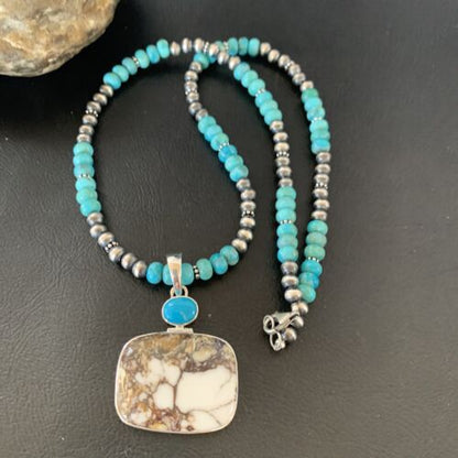 Navajo Pearl Blue Turquoise, Wild Horse & Multi-Stone Pendant Necklace | Authentic Native American Sterling Silver | 11862