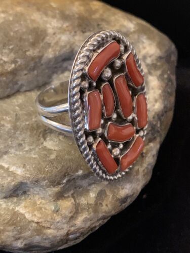 Navajo Red Coral Cluster Ring | Authentic Native American Sterling Silver | Multi-Stone | Sz 9 | 00509