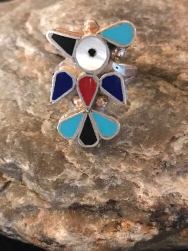 Zuni Peyote Bird Ring | Turquoise Onyx Coral Mother of Pearl Inlay | Sz 6.6 | Sterling Silver | 10792