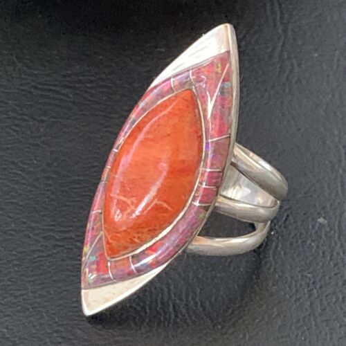 Navajo Red Spiny Oyster Opal Inlay Ring | Sterling Silver | Sz 10 | Authentic Native American Handmade | 12843