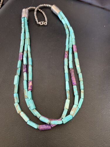 Navajo Blue Turquoise Jasper Bead Necklace | 3-Strand Sterling Silver | 24" | Authentic Native American Handmade | 12512