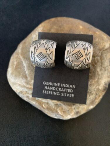 Old Pawn Women's Stamped Design Hoop Stud Earrings | Sterling Silver | 1" | 13006