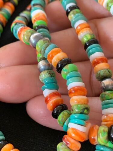 Navajo Green Turquoise, Lapis & Spiny Oyster Necklace | Sterling Silver | Authentic Native American Handmade | 3238