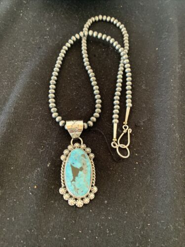 Men's Navajo Pearls Necklace with Blue Kingman Turquoise Pendant | Sterling Silver | Authentic Native American Handmade | 00841