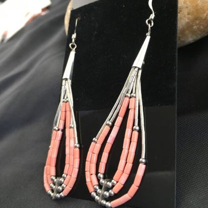 Handmade Liquid Silver Tube Bead Heishi Dangle Earrings | Pink Coral | Sterling Silver | 2.25" | 2025