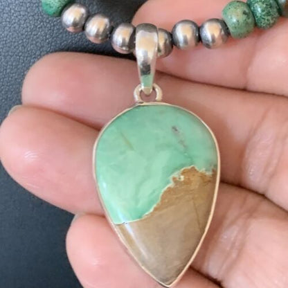 Navajo Green Turquoise Pendant Necklace | Sterling Silver Beads | Authentic Native American Handmade | 13366