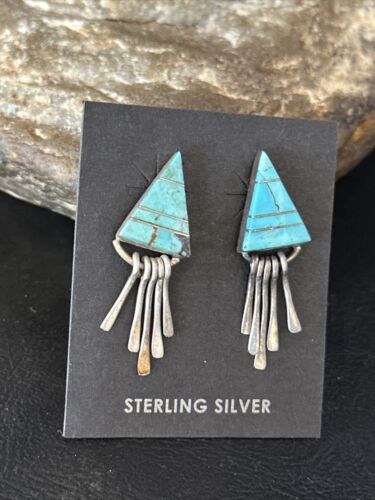Navajo Blue Turquoise Inlay Earrings | Sterling Silver | 1" | Authentic Native American Handmade | 14774