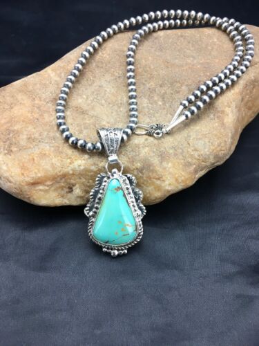 Mens Royston Turquoise Pendant Sterling Silver Navajo Pearl Necklace 2525
