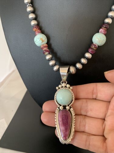 Navajo Pearls Turquoise Spiny Oyster Pendant Necklace | Sterling Silver | Native American Handmade | 1688