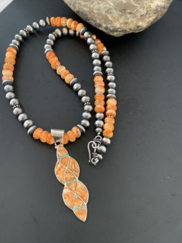Navajo Pearls Sterling Silver Necklace | Orange Spiny Oyster Inlay Pendant | Authentic Native American Handmade | 11314