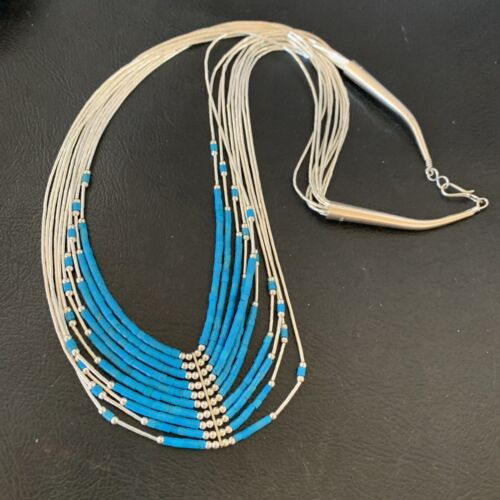 Liquid Silver Heishi 10-Strand Necklace | Sterling Silver Pendant with Turquoise | 12295