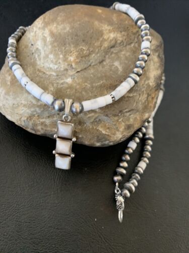 Navajo White Buffalo Turquoise Pendant Set | Sterling Silver | Authentic Native American Handmade | 12246