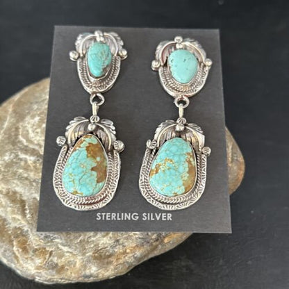 Navajo Blue #8 Turquoise Dangle Earrings | Sterling Silver | Authentic Native American Handmade | 14338