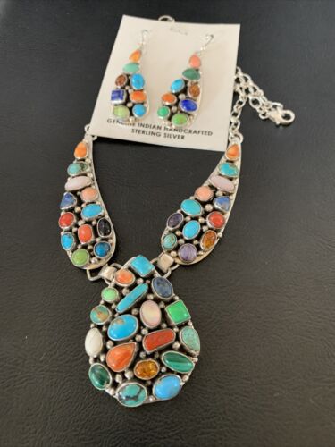 Navajo Multi-Color Turquoise Spiny Necklace & Earring Set | Sterling Silver | 2105