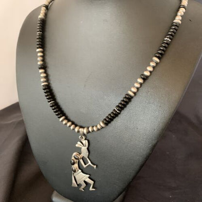 Navajo Kokopelli Pendant with Pearls, Black Onyx, and Multi-Stone | Authentic Native American Sterling Silver | 12284