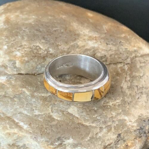 Navajo Yellow Gold Turquoise Inlay Ring | Sterling Silver | Sz 6 | Authentic Native American Handmade | 10355