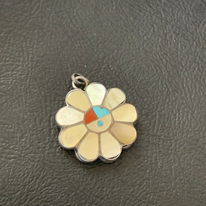 Zuni Sunface Pendant | Yellow White Mother of Pearl Coral Inlay | Sterling Silver | 2 Sided | 1683