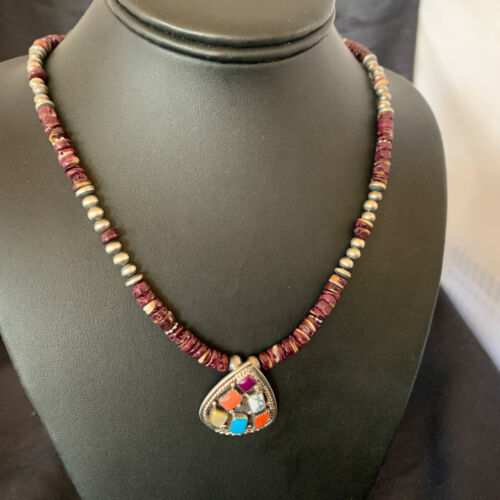 Navajo Multi-Color Multi-Stone Pendant | Authentic Native American Sterling Silver | Purple Spiny Oyster Necklace | 12356