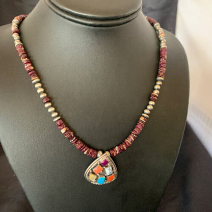 Navajo Multi-Color Multi-Stone Pendant | Authentic Native American Sterling Silver | Purple Spiny Oyster Necklace | 12356