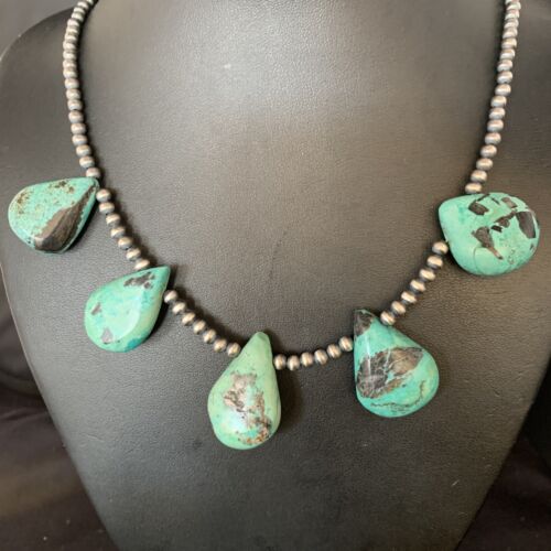 Navajo Teardrop Blue Turquoise Necklace | Sterling Silver Pearls | 20" | Authentic Native American Handmade | 13959