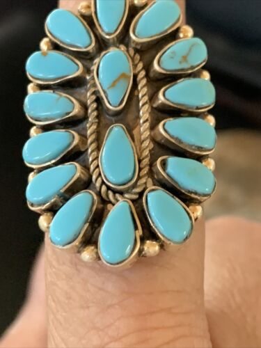 Navajo Blue Cluster Turquoise Needlepoint Ring | Authentic Native American Sterling Silver | Multi-Stone | Sz 8 | 11941