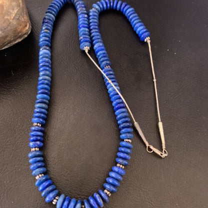 Men's Blue Lapis Bead Necklace | 8mm Liquid Silver Heishi | Sterling Silver | 24" | 12775