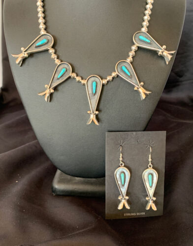 Navajo Squash Blossom Necklace & Earrings Set | Kingman Turquoise | Sterling Silver | Authentic Native American Handmade | 10925
