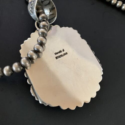 Navajo Pearls Sterling Silver Necklace with Blue Turquoise #8 Pendant | Authentic Native American Handmade | 11297