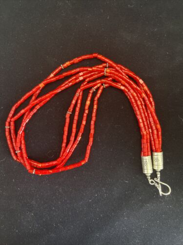 Native American Red Stabilized Coral Tubes Necklace | Sterling Silver | 18" | 1749
