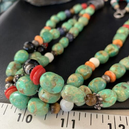 Multi-Color Green Turquoise Spiny Lapis Necklace | 3-Strand Sterling Silver | 13954