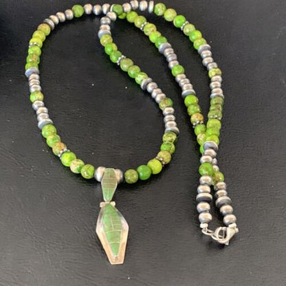 Navajo Green Gaspeite Turquoise Pendant | Sterling Silver Inlay | Authentic Native American Handmade | 12361 - Masha USA