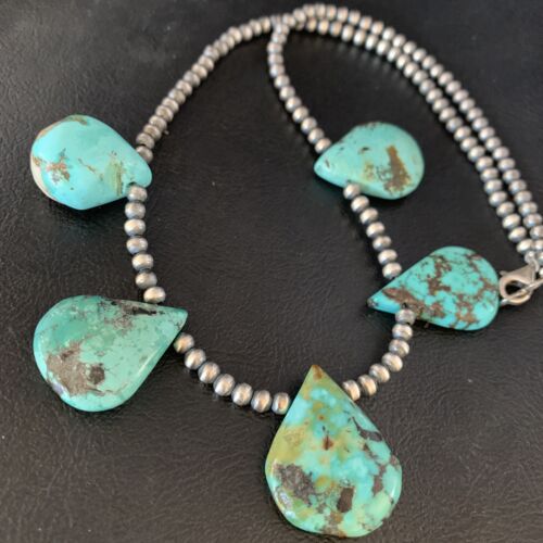 Navajo Teardrop Blue Turquoise Necklace with Pearls | Sterling Silver | 20" | Authentic Native American Handmade | 13966