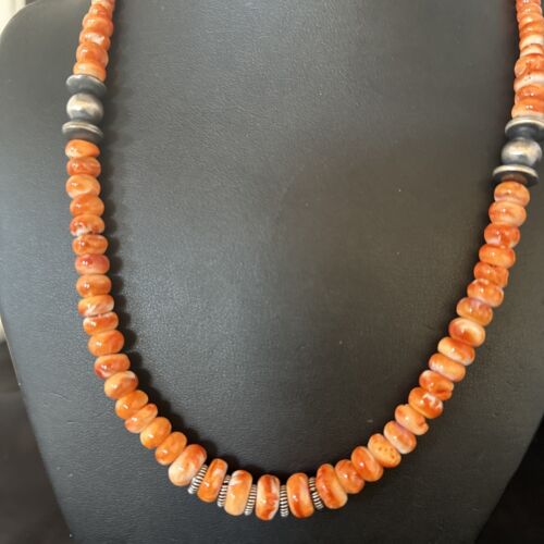 Navajo Orange Spiny Oyster Necklace | Sterling Silver Pearls | 20" | Authentic Native American Handmade | 14645