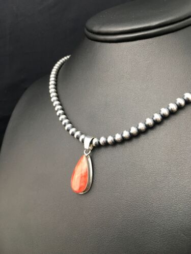 Navajo Red Spiny Oyster Pendant Necklace | Sterling Silver | Authentic Native American Handmade | 4414