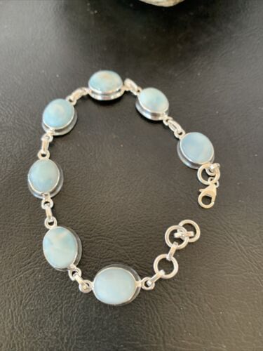 Navajo Blue Larimar 7-Link Bracelet | Sterling Silver | 7.5" | Authentic Native American Handmade | 10625