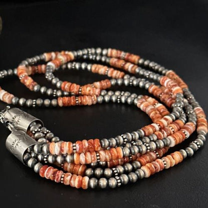 Navajo Pearls Necklace | Sterling Silver | Orange Spiny Oyster | 3-Strand | 22" | 14675