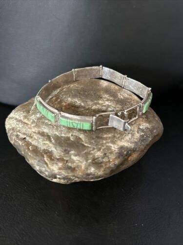 Native Womens Green Gaspeite Inlay Link Bracelet 7.5" Sterling Silver 14270