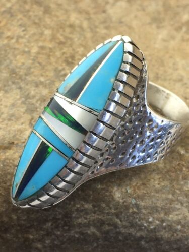 Navajo Multi-Color Opal & Turquoise Inlay Ring | Sterling Silver | Sz 8 | Authentic Native American Handmade | 1611