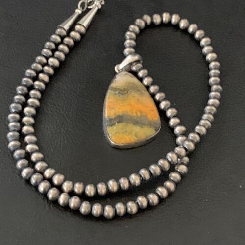 Navajo Yellow Bumblebee Jasper Pendant Necklace | Sterling Silver | Authentic Native American Handmade | 12806