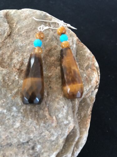 Navajo Sterling Silver Faceted Tiger's Eye Turquoise Dangle Earrings | Authentic Native American Handmade | 1995